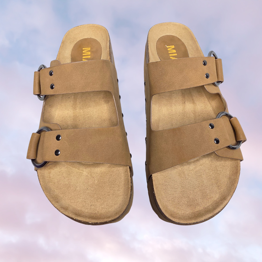 Mia Tan Brown Platform Studded Slip On Flip Flop Boho Sandal Slides Sz 8 - Picture 2 of 8